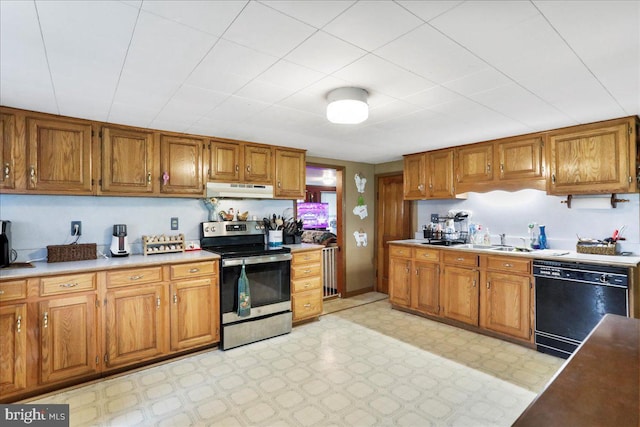 kitchen featuring under cabinet range hood, electric stove, dishwasher, and brown cabinetry