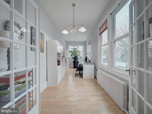 1234 Monroe St NE, Washington, DC 20017 - office space featuring light wood-style flooring, radiator, a notable chandelier, and lofted ceiling