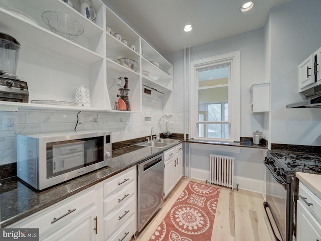 1234 Monroe St NE, Washington, DC 20017 - kitchen featuring light wood-type flooring, open shelves, radiator, appliances with stainless steel finishes, and a sink