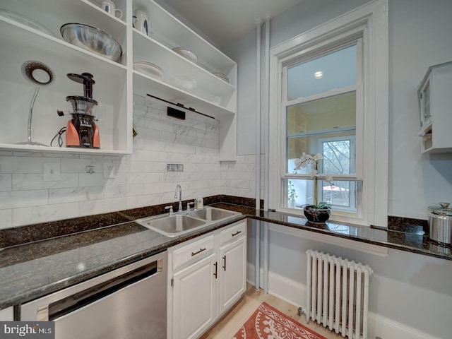1234 Monroe St NE, Washington, DC 20017 - kitchen featuring tasteful backsplash, open shelves, radiator, stainless steel dishwasher, and a sink