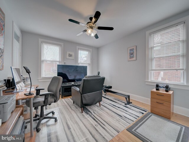 1234 Monroe St NE, Washington, DC 20017 - home office featuring light wood-style flooring, ceiling fan, and baseboards