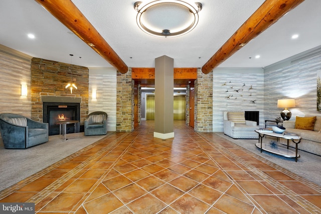 2901 S Leisure World Blvd Unit 133, Silver Spring, MD 20906 - unfurnished living room featuring a large fireplace, beamed ceiling, and tile patterned flooring