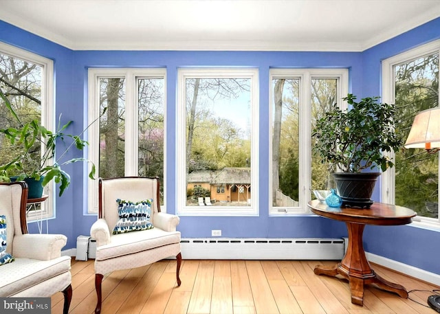 sunroom with baseboards, wood finished floors, and a baseboard radiator
