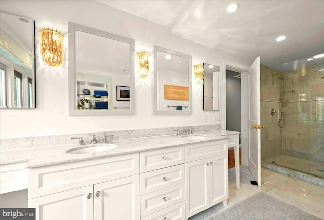 bathroom featuring recessed lighting, a sink, a stall shower, and double vanity
