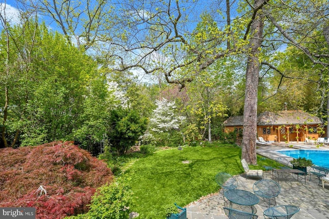 view of yard with an outdoor structure, a patio area, an outdoor pool, and a storage structure