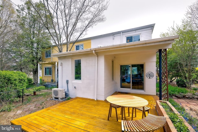 27 Ridge Rd, Greenbelt, MD 20770 - rear view of house featuring concrete block siding, a wooden deck, fence, and ac unit