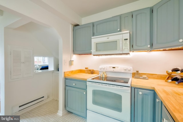 27 Ridge Rd, Greenbelt, MD 20770 - kitchen featuring wood counters, white appliances, blue cabinetry, light tile patterned flooring, and a baseboard radiator