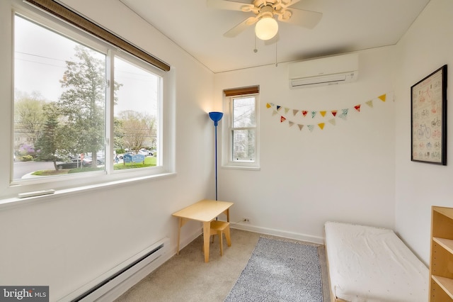 27 Ridge Rd, Greenbelt, MD 20770 - sitting room featuring light colored carpet, a ceiling fan, an AC wall unit, a baseboard radiator, and baseboards