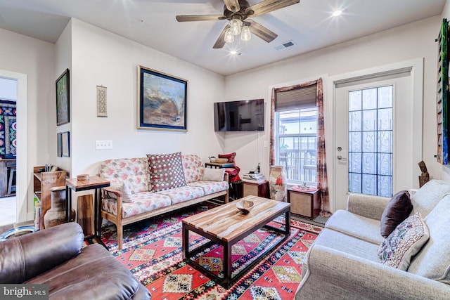 104 Saint Ives Pl Unit 409, Oxon Hill, MD 20745 - living room featuring visible vents and ceiling fan