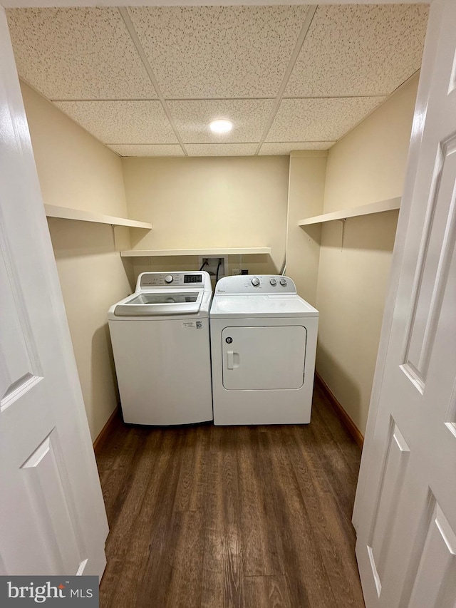 11003 Marty St NW, Lavale, MD 21502 - laundry area with washing machine and clothes dryer, dark wood-style floors, and baseboards