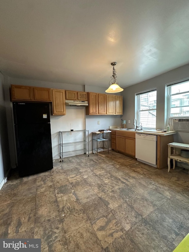 2261 Sidney Ave, Baltimore, MD 21230 - kitchen with a sink, freestanding refrigerator, decorative light fixtures, white dishwasher, and under cabinet range hood