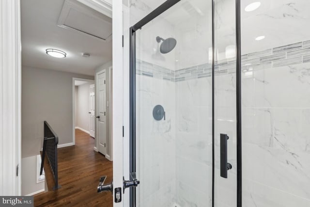 2918 Landover St, Alexandria, VA 22305 - full bathroom with a shower stall, baseboards, and wood finished floors