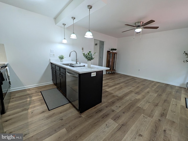 1505 Cedarcrest Ln, Frederick, MD 21702 - kitchen with a sink, dishwasher, light wood-style flooring, a ceiling fan, and a peninsula