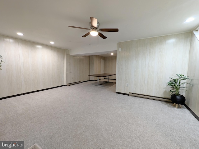 1505 Cedarcrest Ln, Frederick, MD 21702 - finished below grade area featuring a ceiling fan, carpet flooring, recessed lighting, a baseboard heating unit, and baseboards