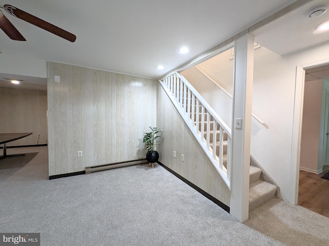 1505 Cedarcrest Ln, Frederick, MD 21702 - finished basement with a baseboard radiator, stairway, a ceiling fan, carpet flooring, and recessed lighting