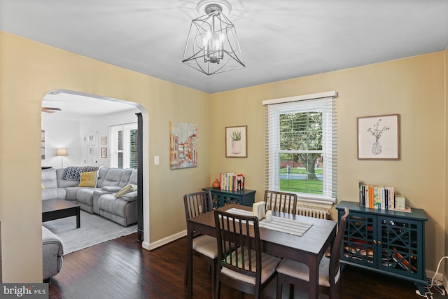 dining space featuring plenty of natural light, baseboards, arched walkways, and dark wood-style flooring