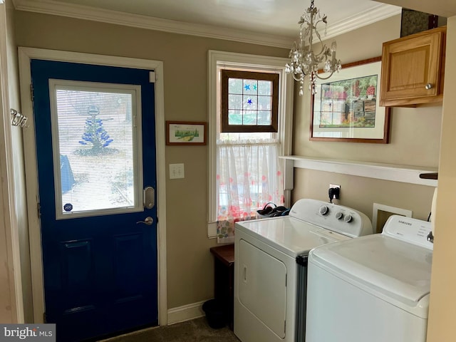 1671 Fravel Rd, Woodstock, VA 22664 - washroom featuring washing machine and clothes dryer, healthy amount of natural light, a chandelier, ornamental molding, and baseboards