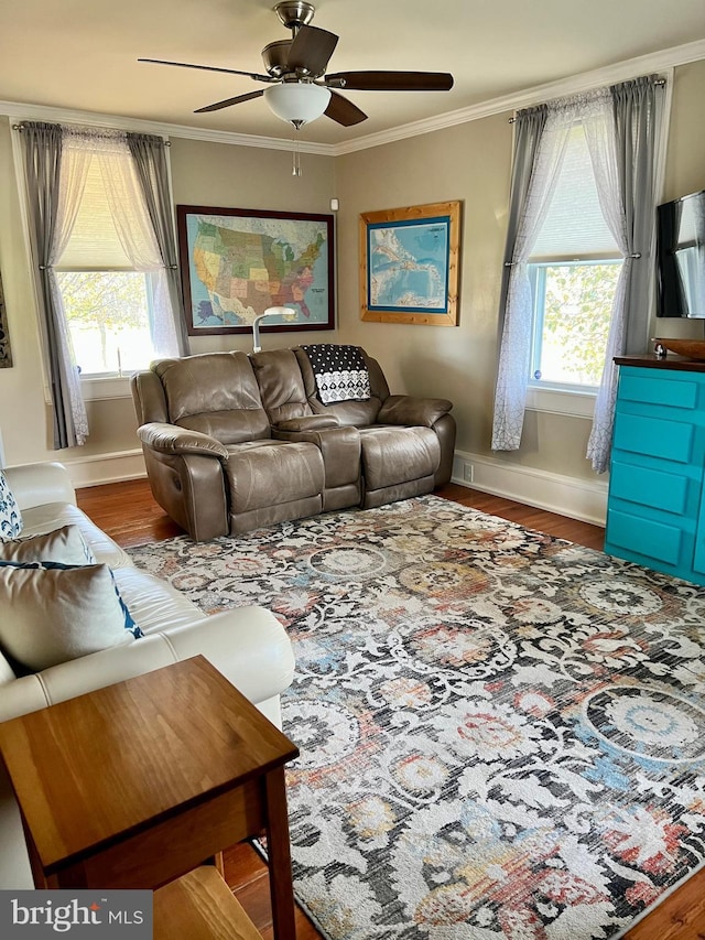 1671 Fravel Rd, Woodstock, VA 22664 - living area with baseboards, wood finished floors, crown molding, and ceiling fan