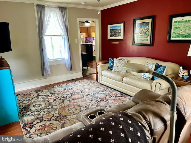 1671 Fravel Rd, Woodstock, VA 22664 - living room featuring wood finished floors, ornamental molding, baseboards, and ceiling fan