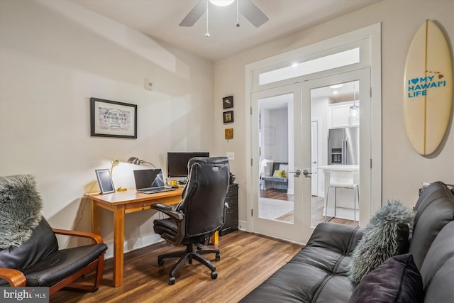 102 Saint Ives Pl Unit 209, National Harbor, MD 20745 - office area featuring french doors, wood finished floors, ceiling fan, and baseboards