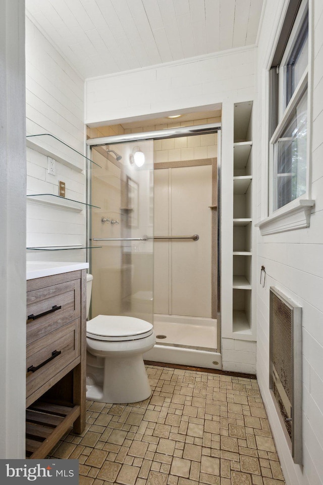 5936 River Dr, Lorton, VA 22079 - full bathroom featuring toilet, a shower stall, wood ceiling, brick patterned flooring, and heating unit