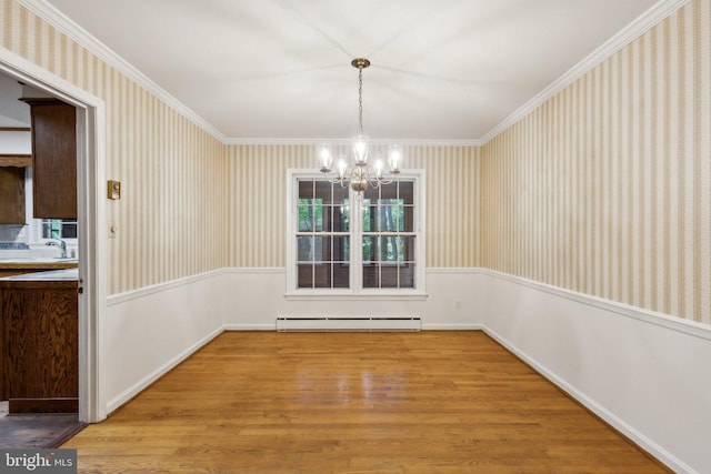 5936 River Dr, Lorton, VA 22079 - unfurnished dining area with a baseboard radiator, a chandelier, crown molding, light wood-style flooring, and wallpapered walls