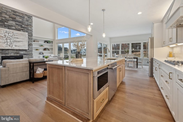 kitchen with light wood finished floors, a kitchen island with sink, appliances with stainless steel finishes, and a sink