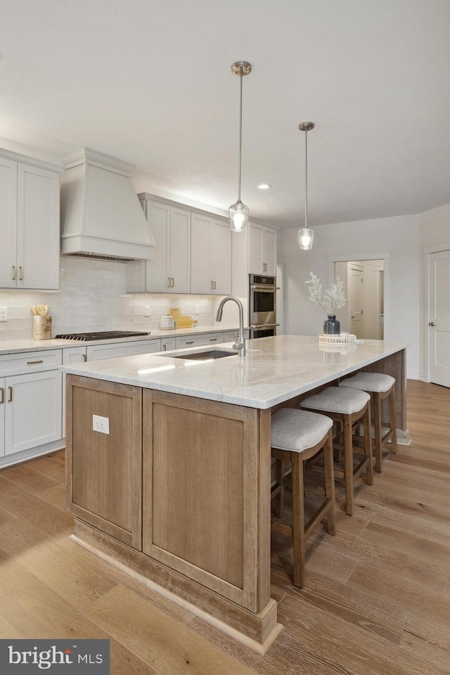 kitchen with premium range hood, a sink, light wood-style floors, and appliances with stainless steel finishes