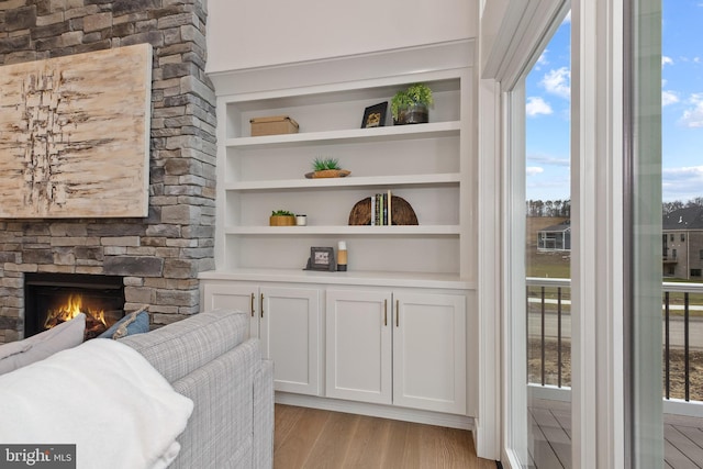 living area featuring a fireplace, light wood finished floors, and built in shelves