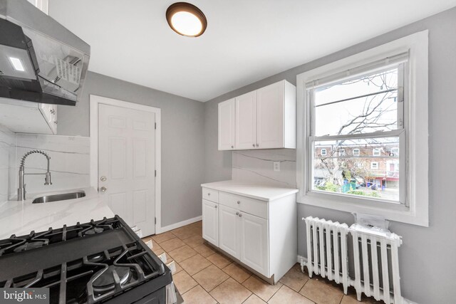 kitchen with radiator, tasteful backsplash, black gas range, range hood, and a sink