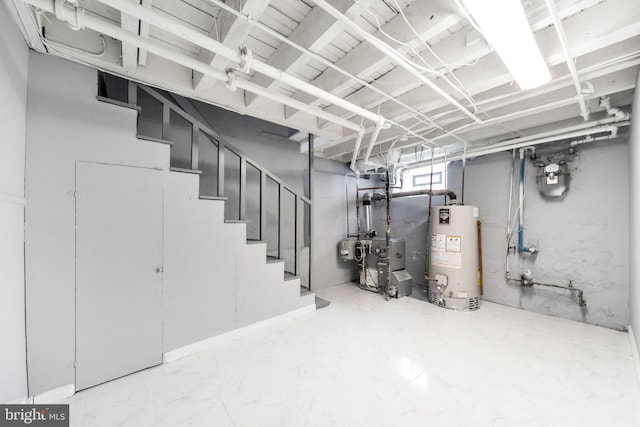 below grade area with gas water heater, stairway, and a heating unit
