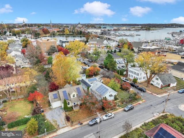 drone / aerial view with a water view