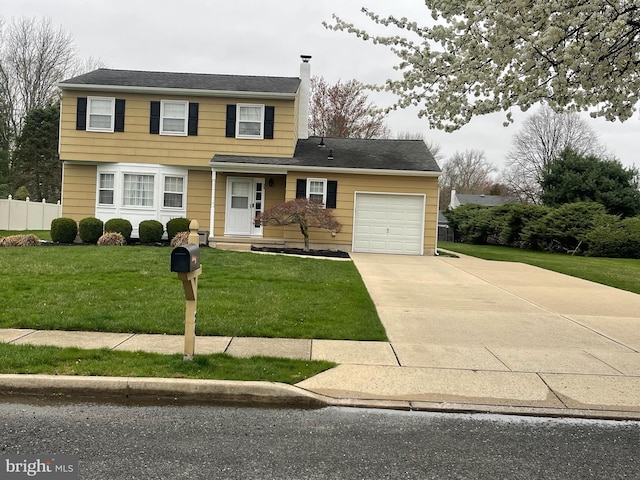 24 Elm Dr, Hightstown, NJ 08520 - traditional-style home featuring fence, a front lawn, a chimney, a garage, and concrete driveway