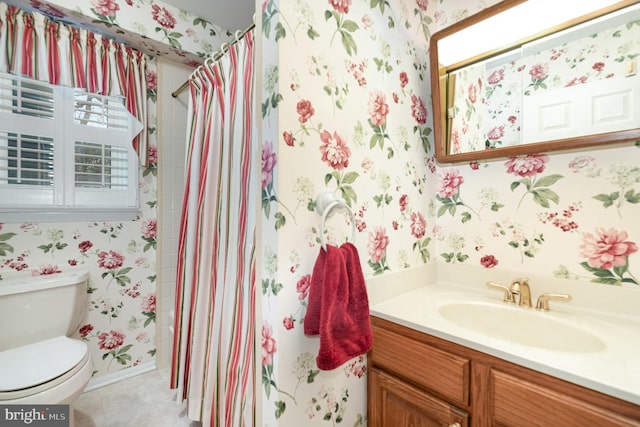 6 Dewberry Way, Bel Air, MD 21014 - full bathroom with a shower with curtain, toilet, vanity, wallpapered walls, and tile patterned floors