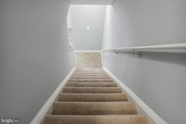 staircase with baseboards and carpet floors
