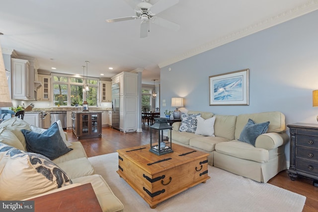 2656 Queen Anne Cir, Annapolis, MD 21403 - living area featuring recessed lighting, ceiling fan, ornamental molding, and wood finished floors