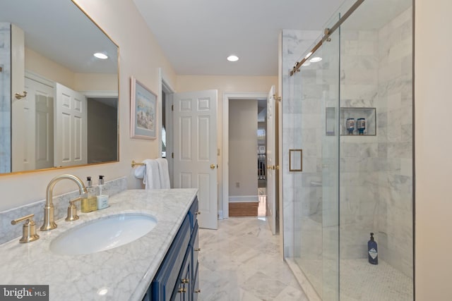 2656 Queen Anne Cir, Annapolis, MD 21403 - bathroom with marble finish floor, a stall shower, vanity, and recessed lighting