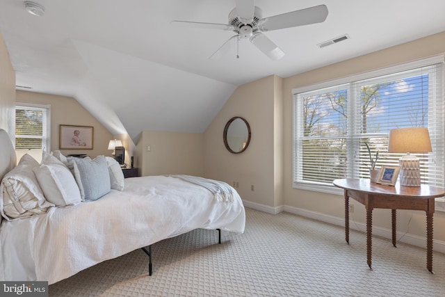 2656 Queen Anne Cir, Annapolis, MD 21403 - carpeted bedroom with visible vents, baseboards, a ceiling fan, and lofted ceiling