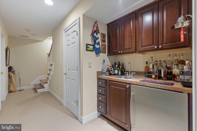 2656 Queen Anne Cir, Annapolis, MD 21403 - bar with stairs, indoor wet bar, light colored carpet, and a sink
