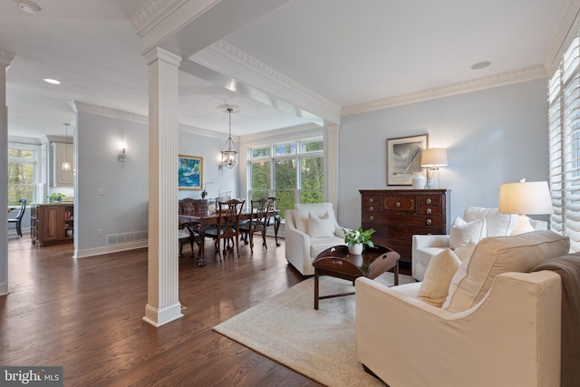2656 Queen Anne Cir, Annapolis, MD 21403 - living area featuring ornate columns, crown molding, dark wood-style floors, and visible vents