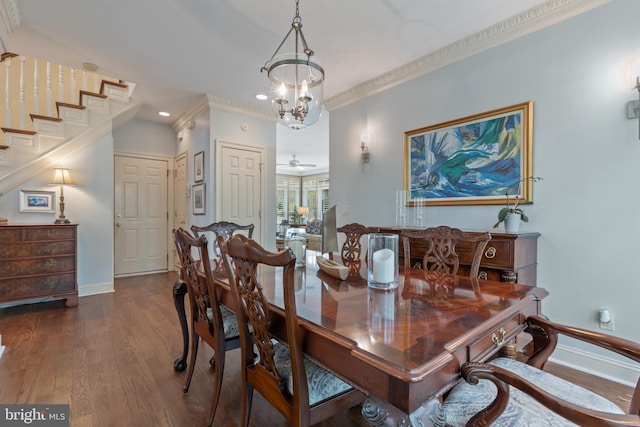 2656 Queen Anne Cir, Annapolis, MD 21403 - dining area featuring baseboards, ornamental molding, recessed lighting, wood finished floors, and stairs