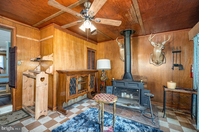 40 Dogwood Dr, Baltimore, MD 21220 - living room with wooden walls, tile patterned floors, a ceiling fan, and wood ceiling