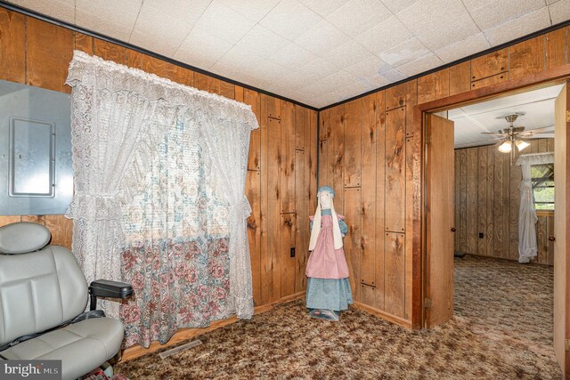 40 Dogwood Dr, Baltimore, MD 21220 - interior space with wooden walls, carpet, a ceiling fan, baseboards, and electric panel
