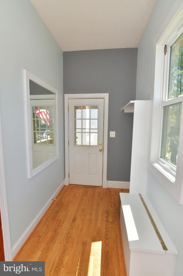 doorway featuring baseboards, light wood-style floors, and a healthy amount of sunlight