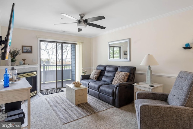 201 S Heron Dr Unit 1G, Harbour Club, Ocean City, MD 21842 - carpeted living room featuring ceiling fan, crown molding, and plenty of natural light