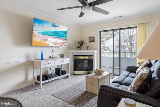 201 S Heron Dr Unit 1G, Harbour Club, Ocean City, MD 21842 - living room with carpet floors, a ceiling fan, a fireplace, baseboards, and ornamental molding