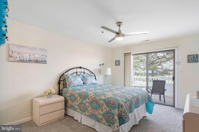 201 S Heron Dr Unit 1G, Harbour Club, Ocean City, MD 21842 - bedroom featuring carpet, baseboards, access to outside, visible vents, and a ceiling fan