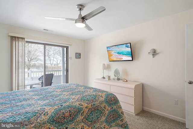 201 S Heron Dr Unit 1G, Harbour Club, Ocean City, MD 21842 - bedroom featuring a ceiling fan, light carpet, access to outside, baseboards, and visible vents