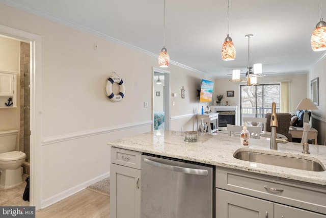 201 S Heron Dr Unit 1G, Harbour Club, Ocean City, MD 21842 - kitchen with hanging light fixtures, ornamental molding, light stone counters, and dishwasher
