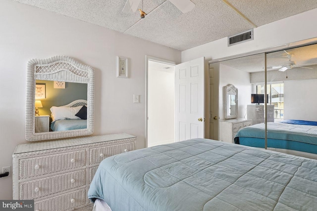 bedroom with visible vents, ceiling fan, and a textured ceiling